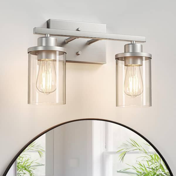13.19 in. 2-Light Brushed Nickel Vanity Light with Clear Glass Shade