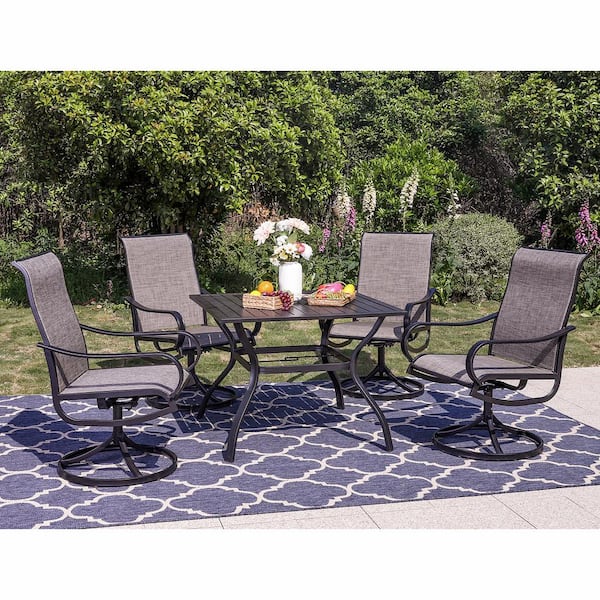 Black 5-Piece Metal Square Patio Outdoor Dining Set with Slat Table and Textilene Swivel Chairs