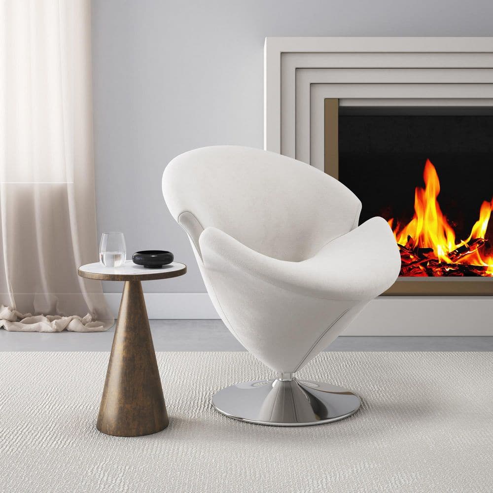 Blossom White Velvet Swivel Barrel Chair with Metal Base