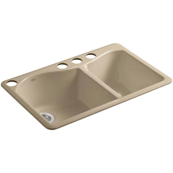 KOHLER Lawnfield Undermount Cast-Iron 33 in. 4-Hole Double Bowl Kitchen Sink in Mexican Sand