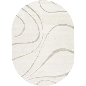 Carolyn Contemporary Curves Shag Cream Doormat 3 ft. x 5 ft. Oval Rug