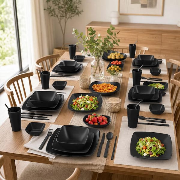 Numhew 88-piece Black Wheat Straw Dinnerware Set for 8, Plates