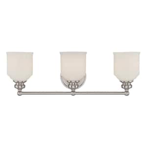 Melrose 24 in. W x 7.75 in. H 3-Light Satin Nickel Bathroom Vanity Light with White Glass Shades