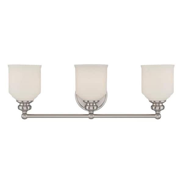 Savoy House Melrose 24 in. W x 7.75 in. H 3-Light Satin Nickel Bathroom Vanity Light with White Glass Shades