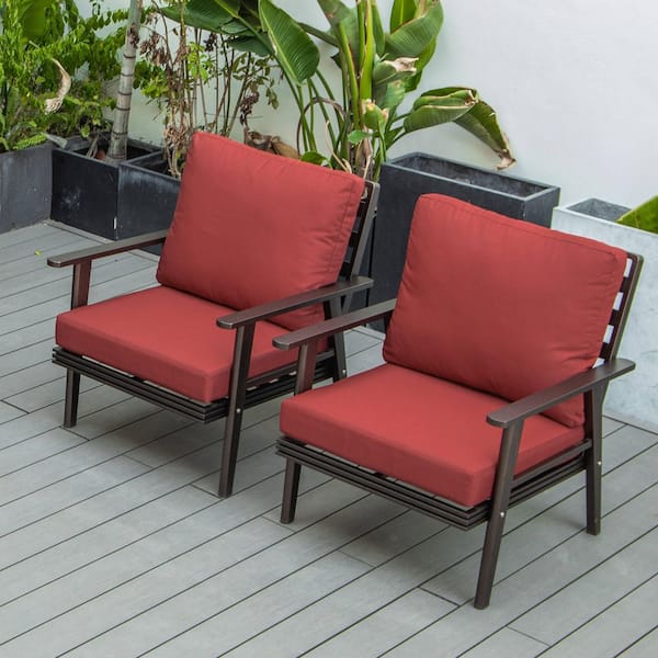 Leisuremod Walbrooke Modern Brown Outdoor Arm Chair with Powder Coated Aluminum Frame and Removable Cushions for Patio in Red