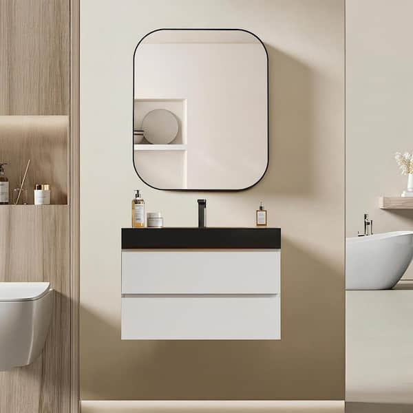 NOBLE 30 in. W x 18 in. D x 25 in. H Single Sink Floating Bath Vanity in White with Black Solid Surface Integral Top