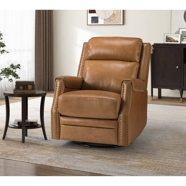 Jayden Creation Joseph Brown Genuine Leather Swivel Rocking Manual Recliner with Straight Tufted Back Cushion and Curved Mood Arms