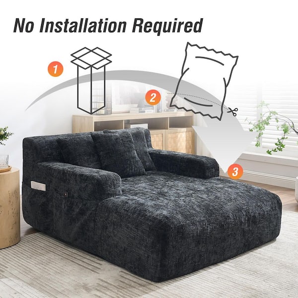 HOMEFUN Modern Black Chenille Upholstery Oversized Chaise Lounge - Main Image
