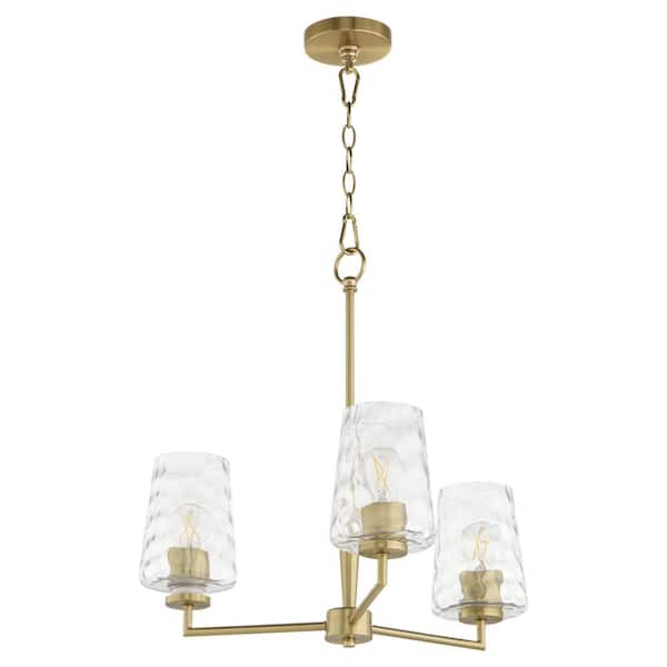 Quorum Goodwin 60-Watt 3 Light Aged Brass Chandelier Light with Clear Hammered Glass Shade, No Light Bulb Included