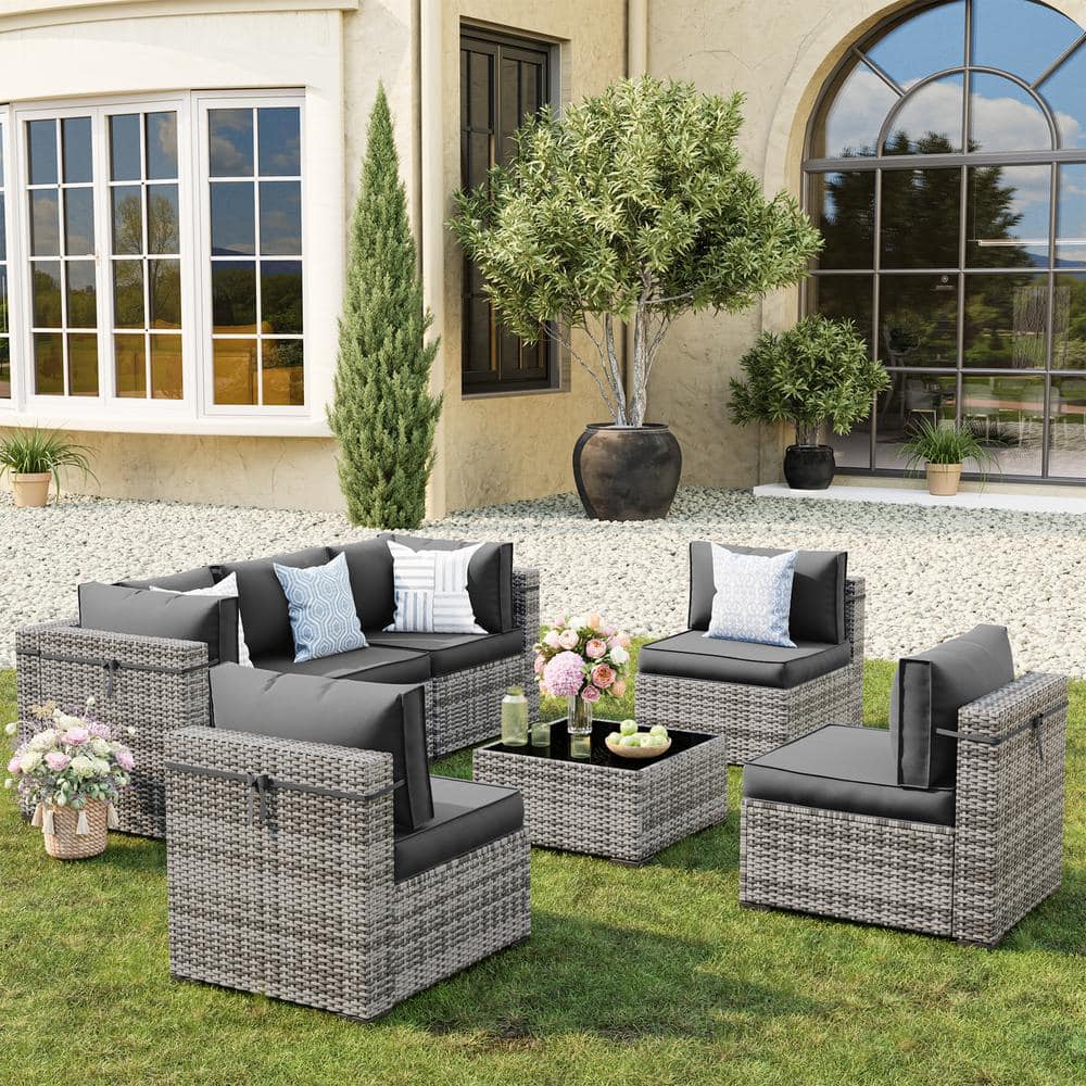Gray Wicker 7-Piece Modular Outdoor Sectional Patio Furniture Conversation 