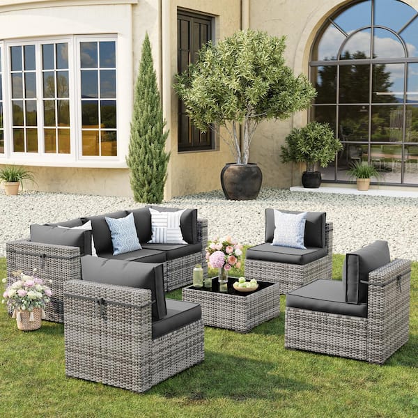 Unbranded Gray Wicker 7-Piece Modular Outdoor Sectional Patio Furniture Conversation Set Cushions (6-Chairs and 1-CoffeeTable)