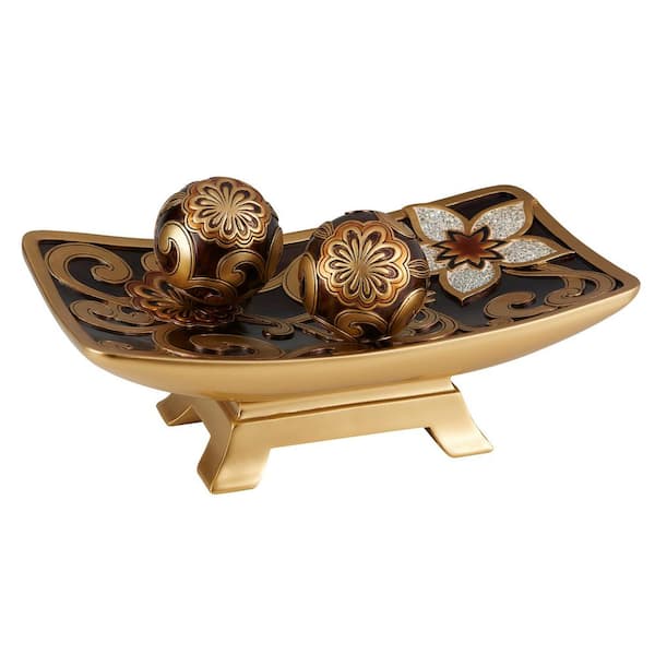 OK LIGHTING Gold And Brown Azalea Polyresin Decorative Bowl With