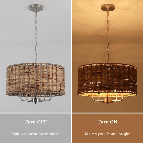 ADSENSTY 5-Light Nickel Drum Natural Rattan Seagrass