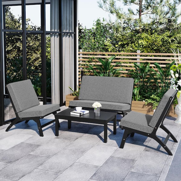 Unbranded Black 4-Piece Acacia Solid Wood V-shaped Patio Conversation Set with Gray Cushions and Coffee Table