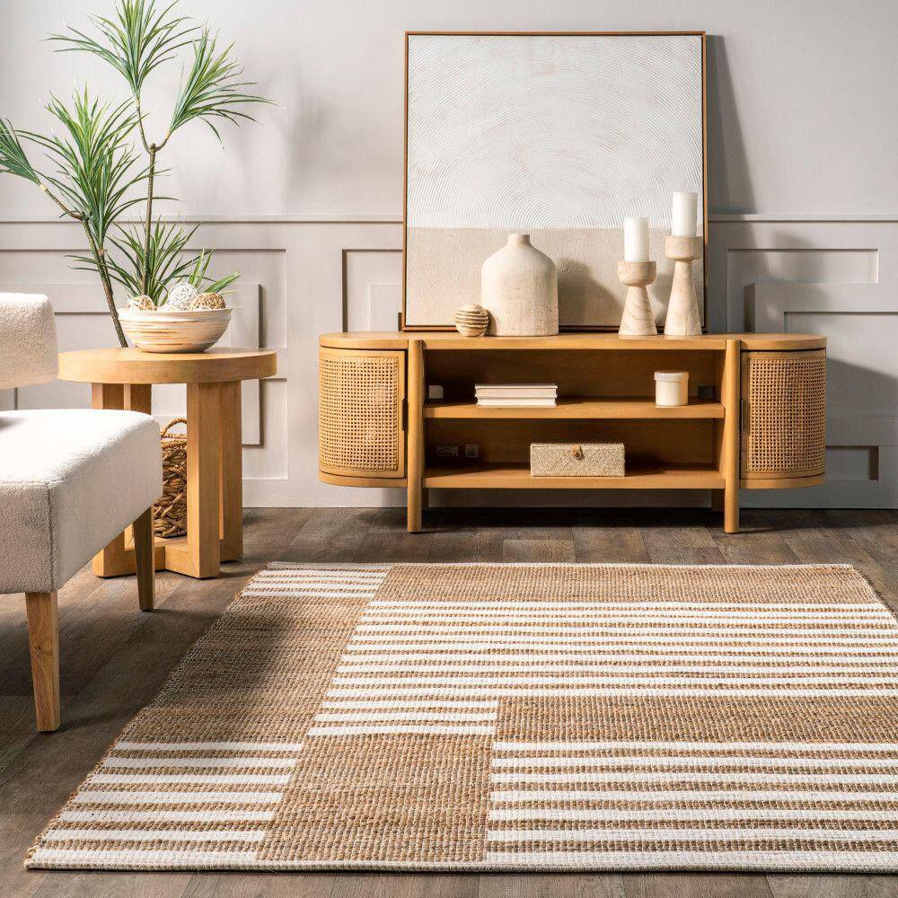 Natural Tan and White Striped Cotton Jute Rug, 4' x 6'