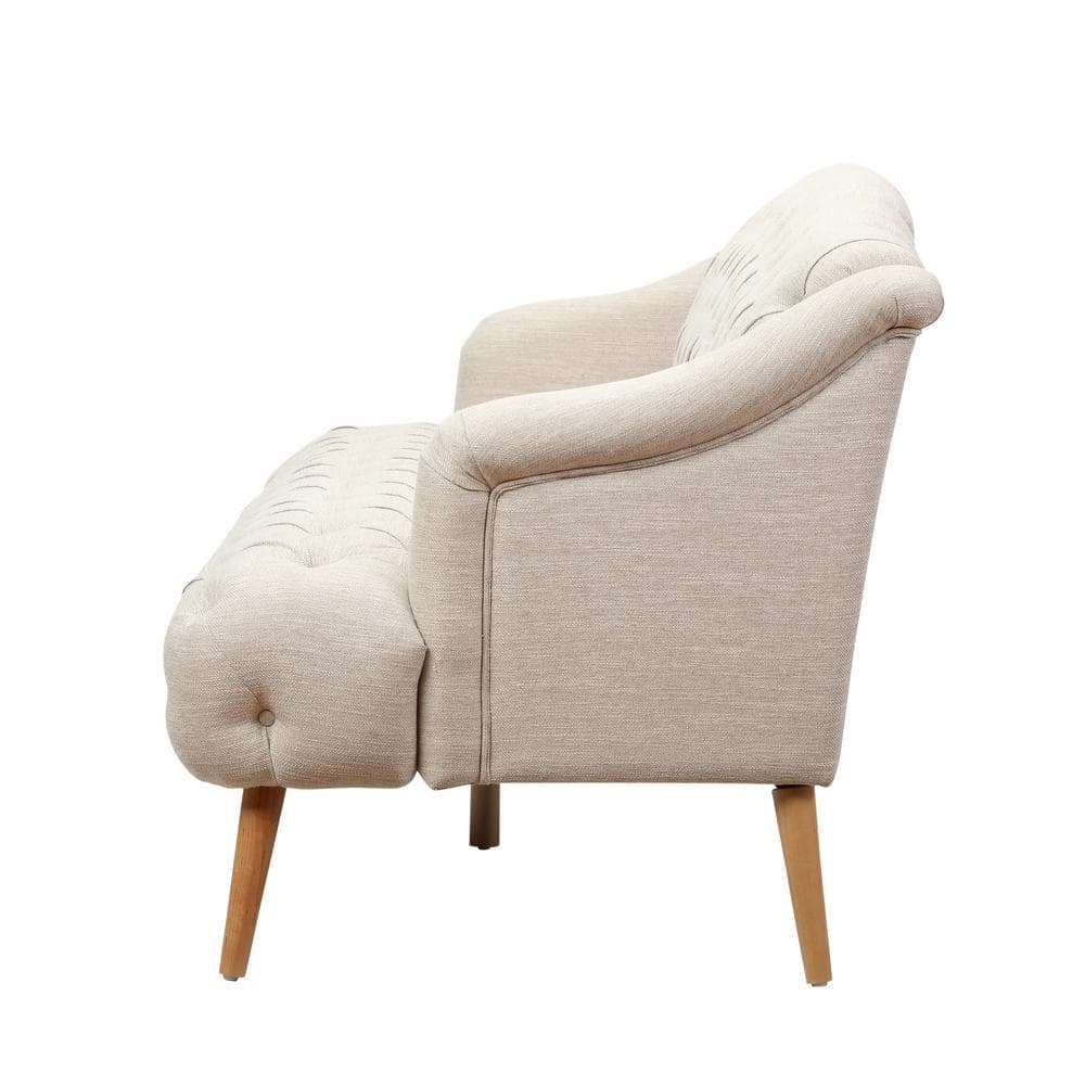 Beige Velvet Tufted Lawson Sofa with Sloped Arms and Wood Frame