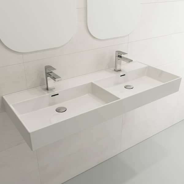 BOCCHI Milano Wall-Mounted White Fireclay Rectangular Double Bowl for Two 1-Hole Faucets Vessel Sink with Overflows