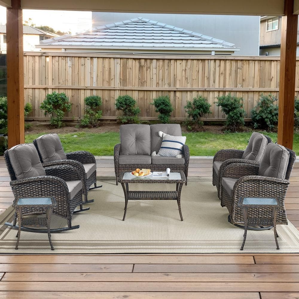 Brown 8-Piece Wicker Patio Conversation Set with Swivel Rockers, Outdoor Loveseat Seating Set with Gray Cushions price history on PriceWatchPro