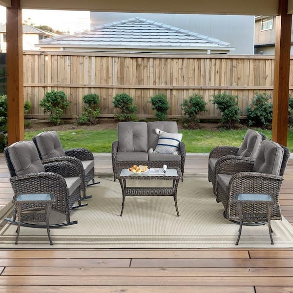 Brown 8-Piece Wicker Patio Conversation Set with Swivel Rockers, Outdoor Loveseat Seating Set with Gray Cushions