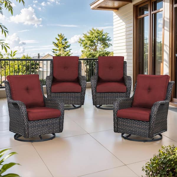 4-Piece Set Outdoor Swivel Brown Wicker Outdoor Rocking Chair with CushionGuard Red Cushions