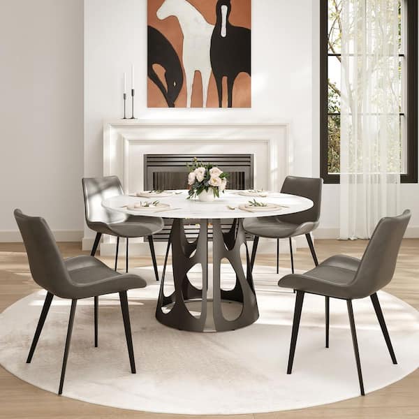 53.1 in. White Round Sintered Stone Tabletop with Black Metal Pedestal Base Dining Table (Seats-6)