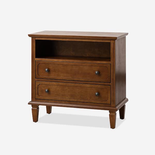Juiien Traditional Farmhouse Solid Wood 2 Drawers Storage Nightstand with Charging Station and Adjustable Legs-Walnut
