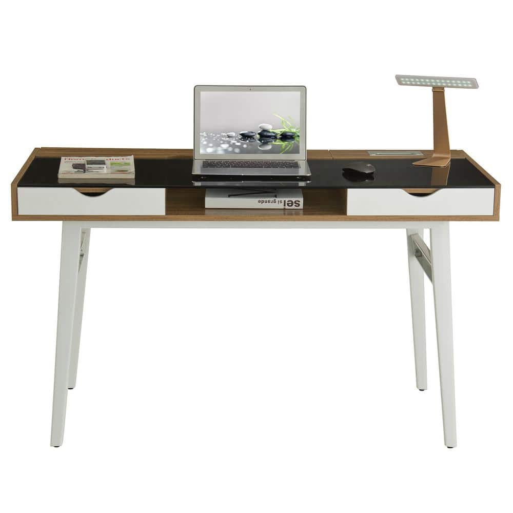 Modern Black Glass and Walnut Computer Desk with Storage