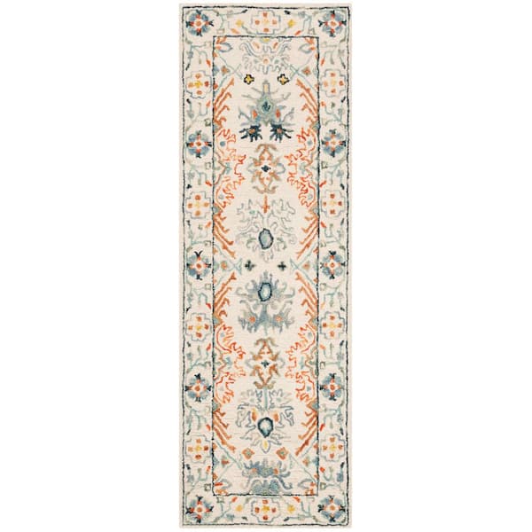Aspen Ivory/Blue 2 ft. x 11 ft. Border Floral Geometric Runner Rug