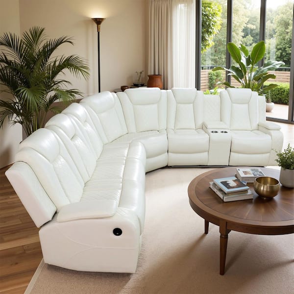 210 in. Overall Straight Arm Leather L-Shape Recliner Sofa Set in White, 6 Seats Sectional with USB, Wireless Charging
