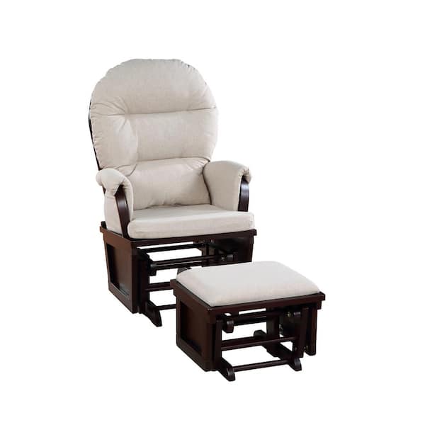 Unbranded Espresso/Beige Baby Glider Wood Rocker and Ottoman Sets with Padded Armrests and Detachable Cushion