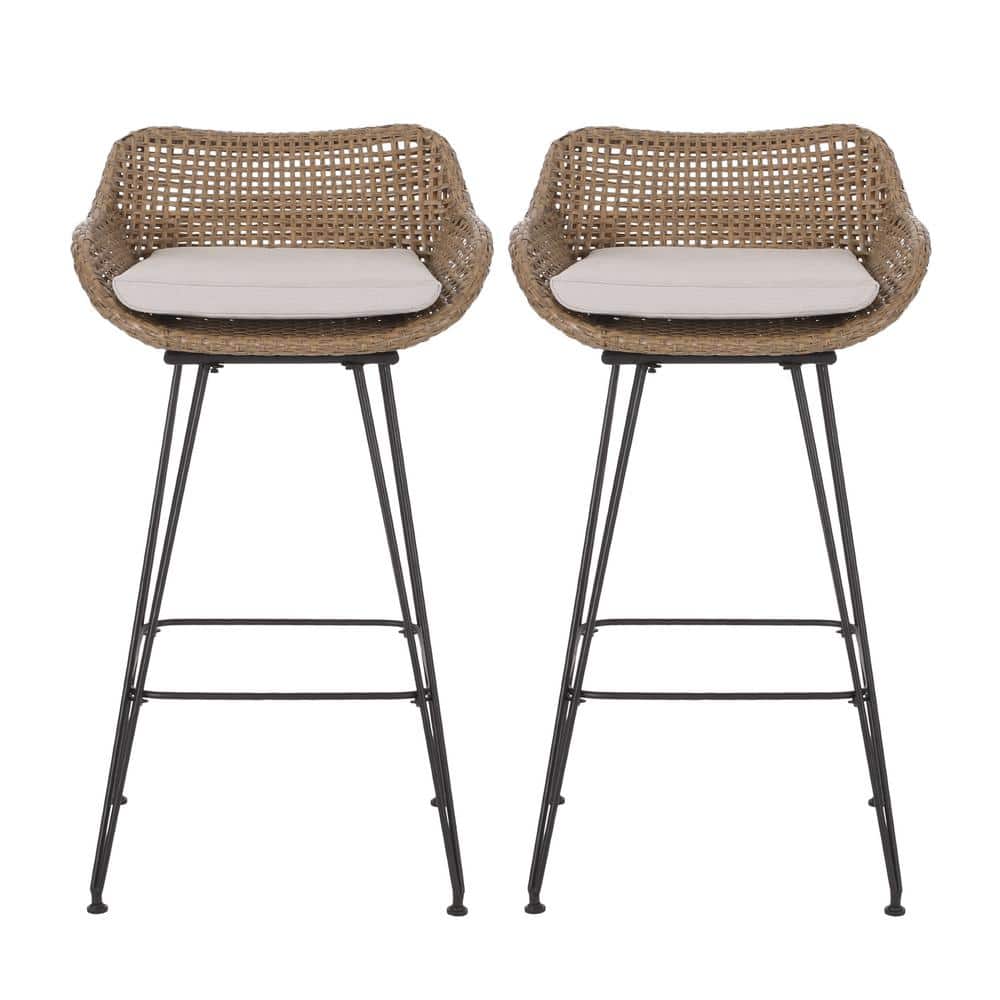 Outdoor Wicker and Iron Low Outdoor Bar Stool with Beige Cushion (Set of 2) price history on PriceWatchPro