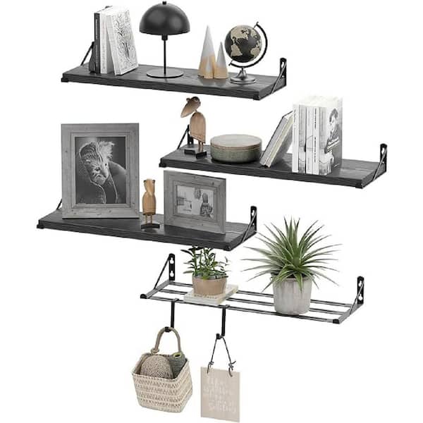 Unbranded 7.5 in. W x 17 in. D Floating Shelf, Wall Mounted Rustic Wood Shelves, Decorative Wall Shelf, Set of 3+1, Black