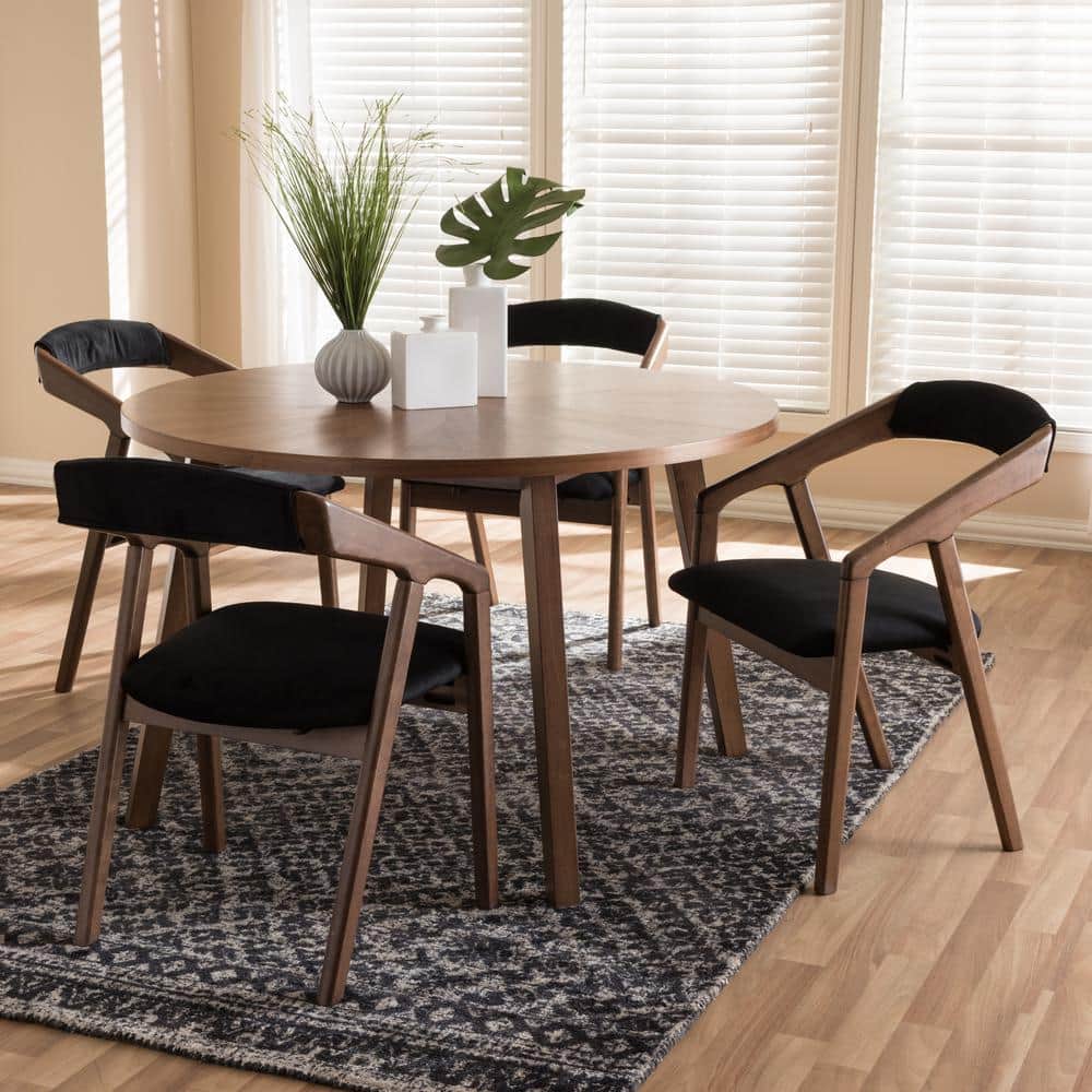 Mid-Century Modern Walnut Dining Set with Black Velvet Upholstery