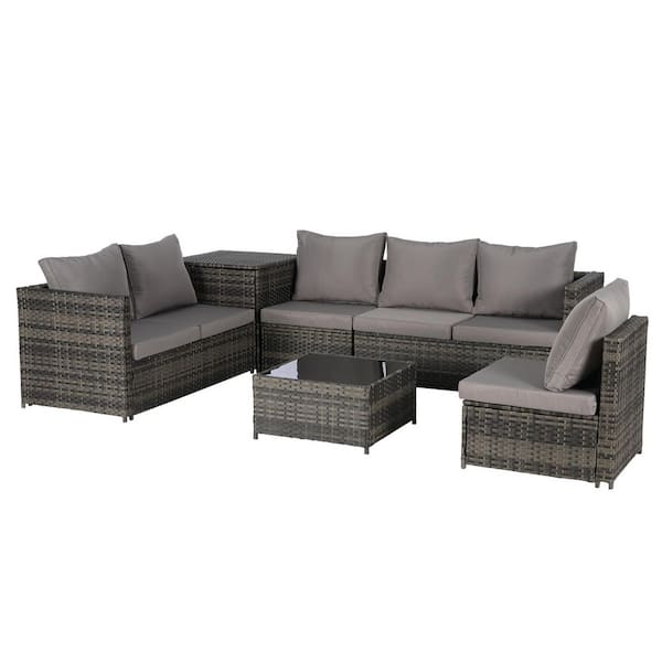 6-Piece Wicker Outdoor Sectional Sofa Set with Dark Gray Cushions, Coffee Table and Storage Box