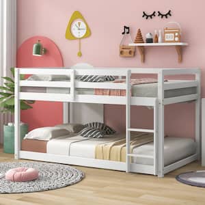 White Low Bunk Beds Twin Over Twin Wood Floor Bunk Bed Frame with Slat and Ladder for Kids Boys Girls