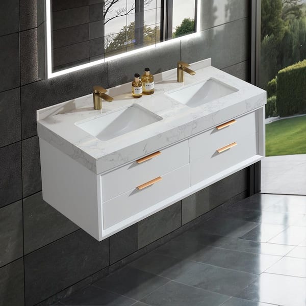 Lonni 48 in. W x 20.7 in. D x 21.3 in. H Double Sink Solid Oak Floating Bathroom Vanity /White Marble Countertop with Lights