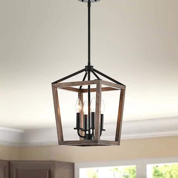 Jojospring Una 11 in W 4Light Antique Black Iron and Wood Cage Chandelier