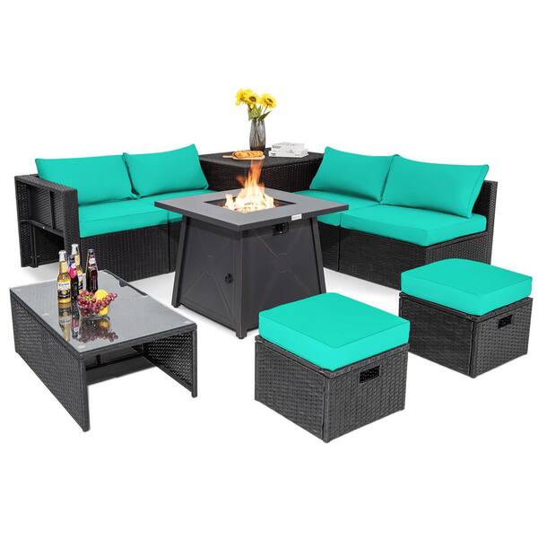 Costway 9-Piece Wicker Furniture Patio Conversation Set Fire Pit SpaceSaving with Cover Turquoise Cushion Cover