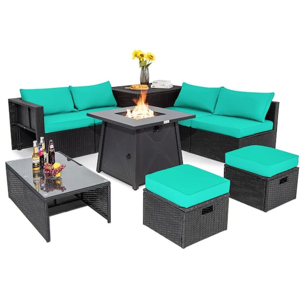 Costway 9-Piece Wicker Furniture Patio Conversation Set Fire Pit SpaceSaving with Cover Turquoise Cushion Cover