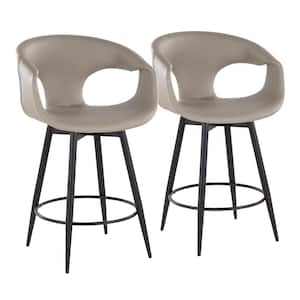 Curva 25 in. Light Grey Faux Leather and Black Metal Fixed-Height Counter Stool with Tapered Metal Legs (Set of 2)