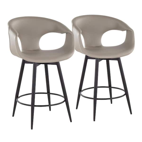 LumiSource Curva 25 in. Light Grey Faux Leather and Black Metal Fixed-Height Counter Stool with Tapered Metal Legs (Set of 2)