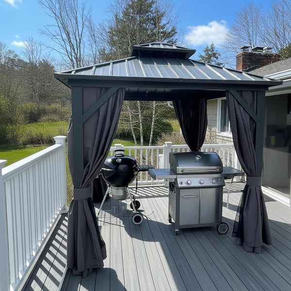 8 ft. x 8 ft. Gray Aluminum Hardtop Gazebo Canopy with Netting and Curtains