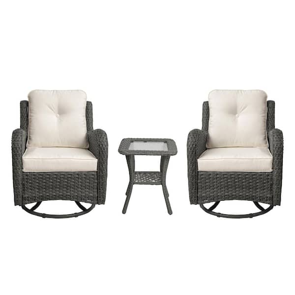 Uixe 2-Piece Patio Swivel Wicker Outdoor Rocking Chairs with Beige Cushion and Side Table Sets for Porch Deck (Set of 2)