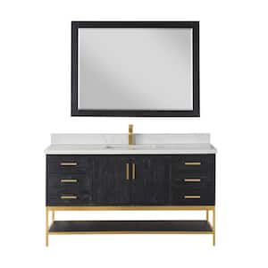 Wildy 60 in. W x 22 in. D x 34 in. H Single Sink Bath Vanity in Black Oak with White Composite Stone Top and Mirror