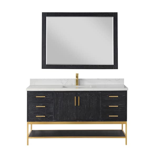 Altair Wildy 60 in. W x 22 in. D x 34 in. H Single Sink Bath Vanity in Black Oak with White Composite Stone Top and Mirror