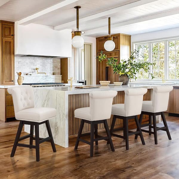 cozyman 26 in. Beige Linen Swivel Upholstered Barstool Solid Wood Counter Stool Nail Head Trim and Tufted Backrest Set of 4