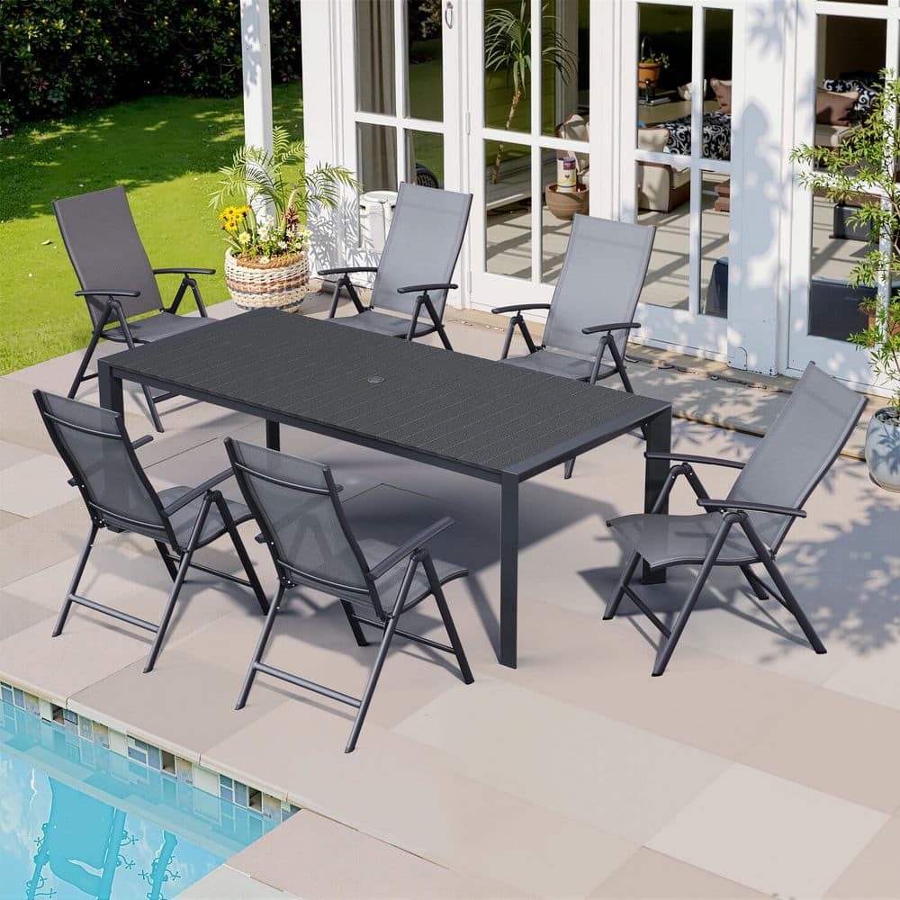 7-Piece 71 in. Black Aluminum Wood-Like Patio Outdoor Dining Set Umbrella Hole, Gray Adjustable Back Metal Chair price history on PriceWatchPro