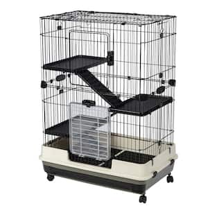 Black 4-Tier 32 in.Small Animal Metal Cage, Height Adjustable, with Lockable Casters Grilles Pull-out Tray