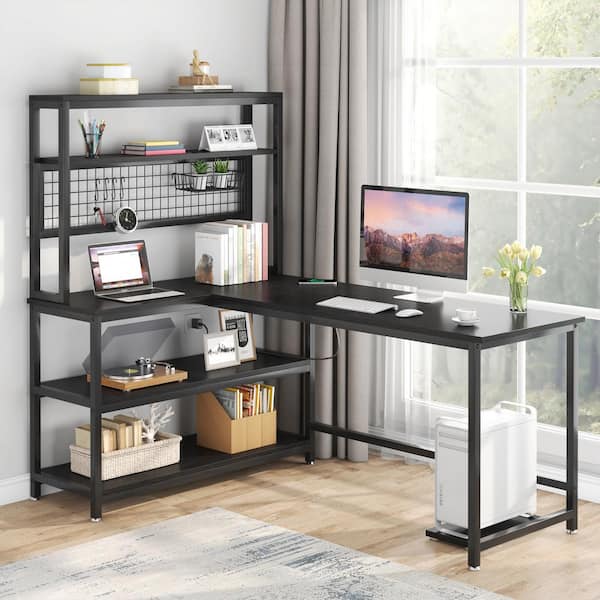 BYBLIGHT Lanita 55 in. L-Shaped Black Wood Computer Desk with Wireless Charging and 5-Tier Bookshelf for Home Office
