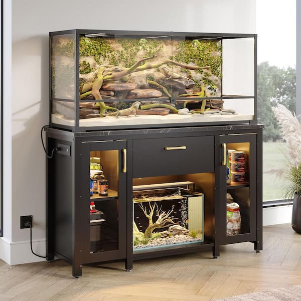 Black 30 in. 55 gal.-75 gal. Aquarium Stand with Dual Glass Cabinet, Fish Tank Stand with Power Outlet and RGB LED Light